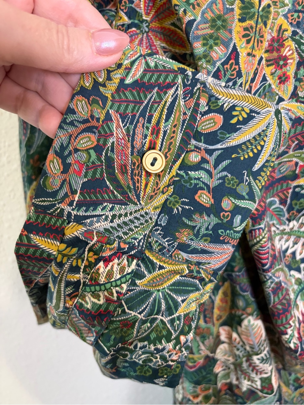 Onia Liberty Print Fabric Cotton Wrap top Green Navy Botanical Blouse M tunic - Picture 9 of 12